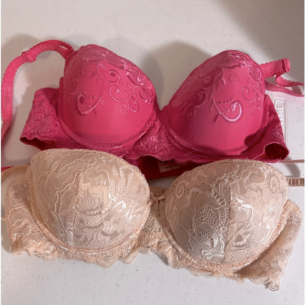 Two bras size 36B champagne and rose colored lacy band is more like 34-35